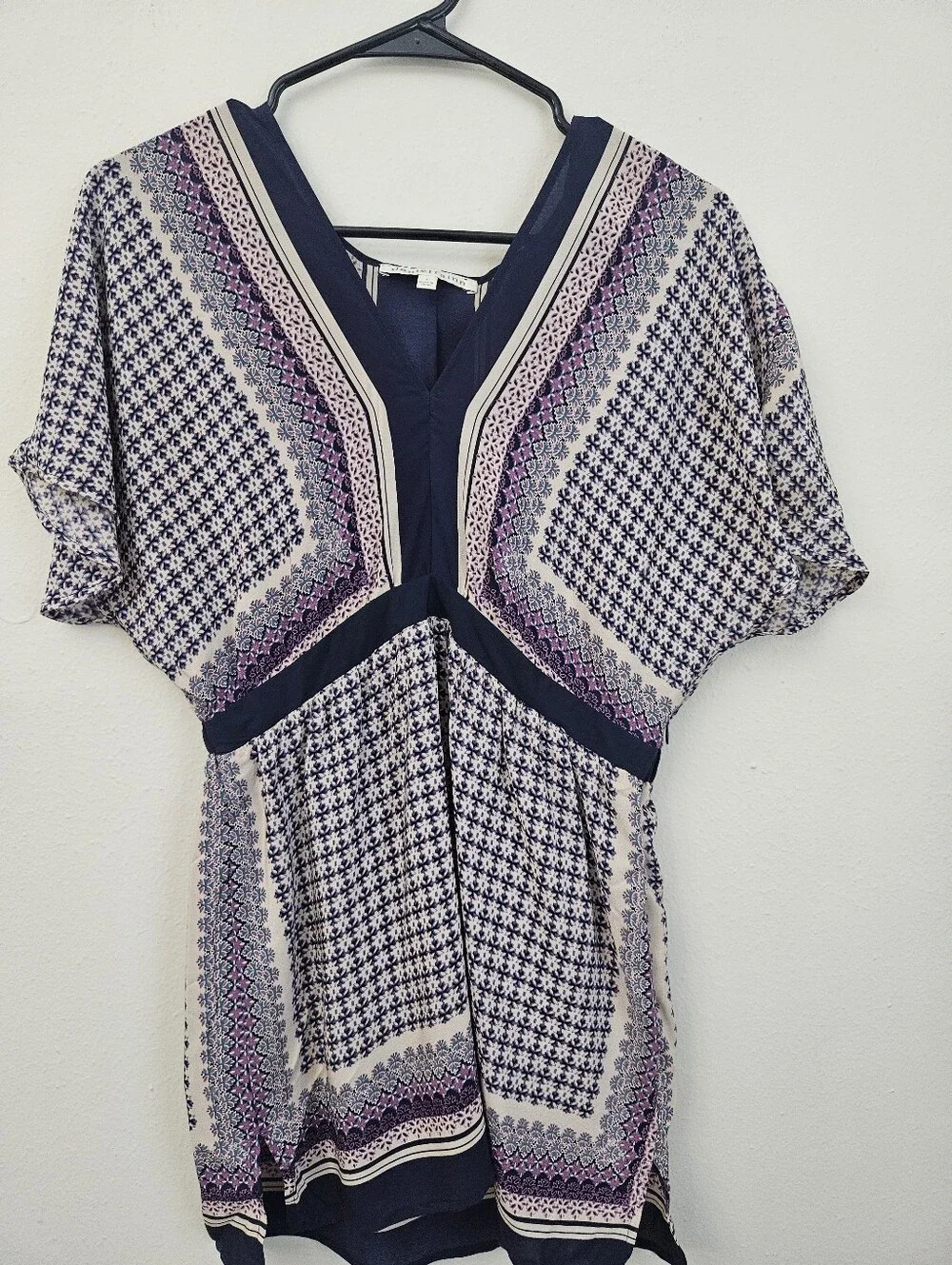 100 % Silk Daniel Rainn Navy, Cream and Purple V-Neck Patterned Tunic